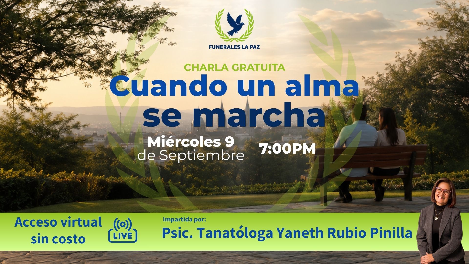 Pareja contemplando el atardecer sobre la ciudad, charla Cuando un alma se marcha, Funerales La Paz
